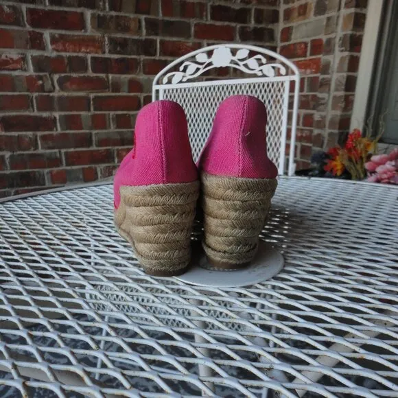 TORY BURCH Pink &amp; Red Woven Peep Toe Wedges Sandals Rope Size 6B