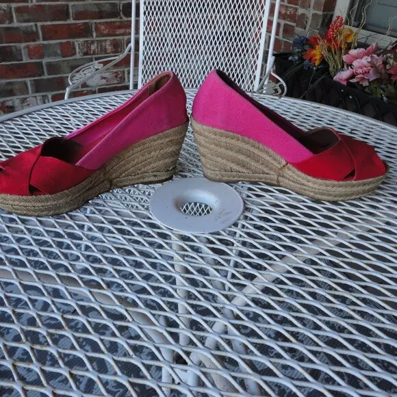 TORY BURCH Pink &amp; Red Woven Peep Toe Wedges Sandals Rope Size 6B