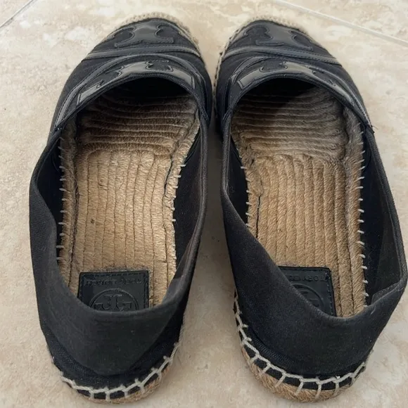 Tory Burch Poppy Black Espadrille Flats Size 10 Canvas/Patent Leather