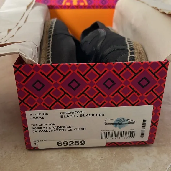 Tory Burch Poppy Black Espadrille Flats Size 10 Canvas/Patent Leather