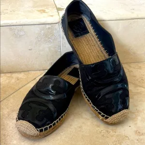 Tory Burch Poppy Black Espadrille Flats Size 10 Canvas/Patent Leather