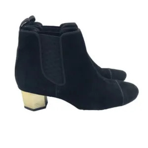 TORY BURCH Regina Suede Ankle Boot Bootie Black Gold Hexagon Heeled Boots 6 Tory