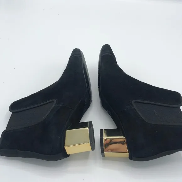 TORY BURCH Regina Suede Ankle Boot Bootie Black Gold Hexagon Heeled Boots 6 Tory