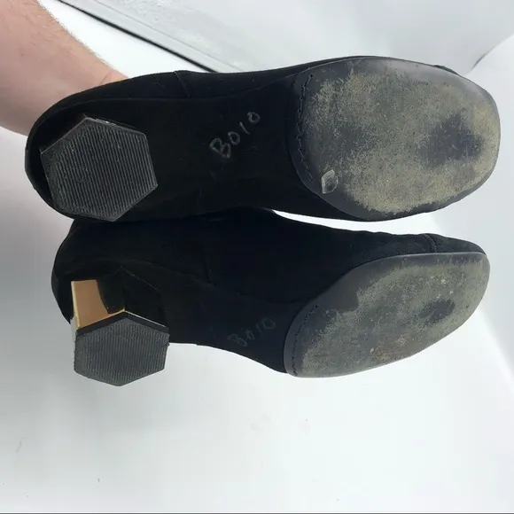 TORY BURCH Regina Suede Ankle Boot Bootie Black Gold Hexagon Heeled Boots 6 Tory