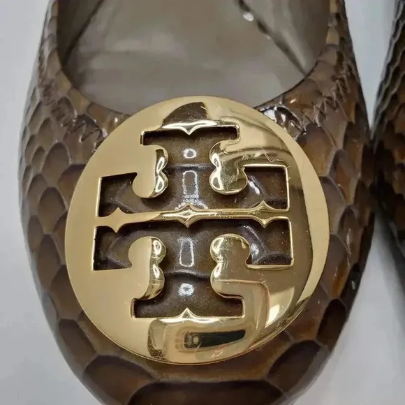 TORY BURCH Reva Ballet Flats Brown Snakeskin Print Leather w/ Gold Logo SIZE 7