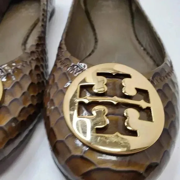 TORY BURCH Reva Ballet Flats Brown Snakeskin Print Leather w/ Gold Logo SIZE 7