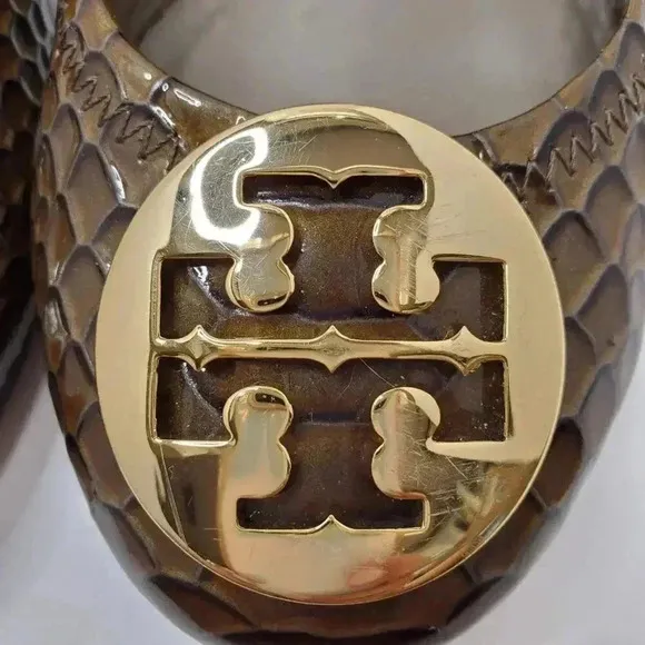TORY BURCH Reva Ballet Flats Brown Snakeskin Print Leather w/ Gold Logo SIZE 7