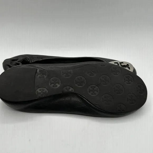 Tory Burch Reva Ballet Flats Leather Black Silver size 7