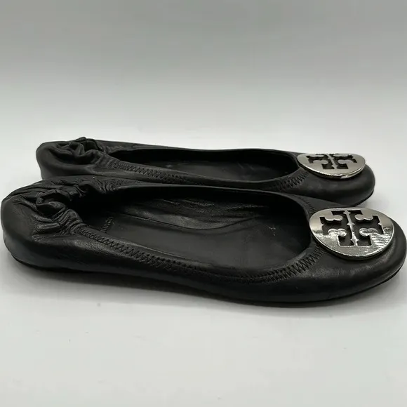 Tory Burch Reva Ballet Flats Leather Black Silver size 7