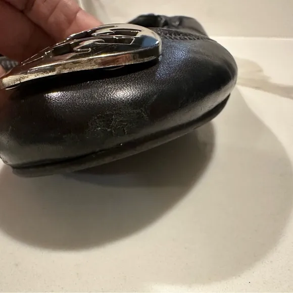 Tory Burch Reva Ballet Flats Leather Black Silver size 7