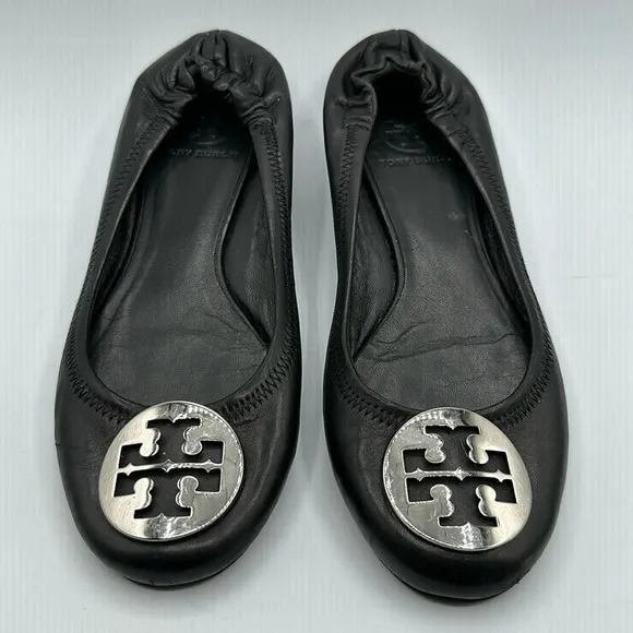 Tory Burch Reva Ballet Flats Leather Black Silver size 7