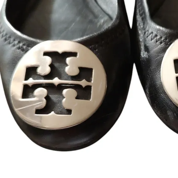TORY BURCH Reva Black Leather Silver Logo Ballet Flats