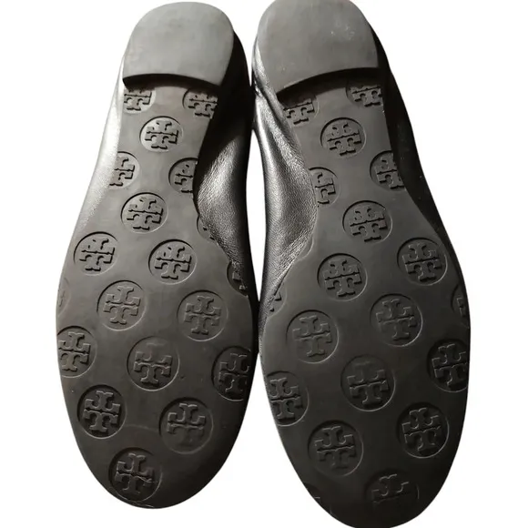TORY BURCH Reva Black Leather Silver Logo Ballet Flats