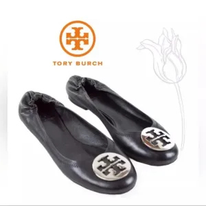 TORY BURCH Reva Black Leather Silver Logo Ballet Flats