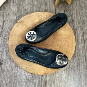 *Tory Burch | Reva Leather Ballet Flats with Silver Logo Medallion Size 4