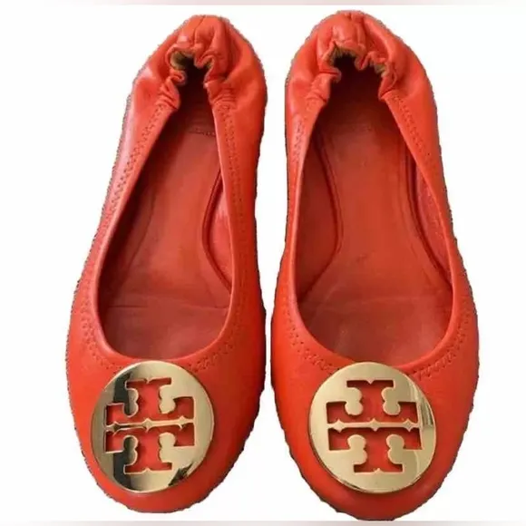 Tory Burch Reva Mestico Leather Ballet Flats In Tiger Lily/Gold Logo– Size 8