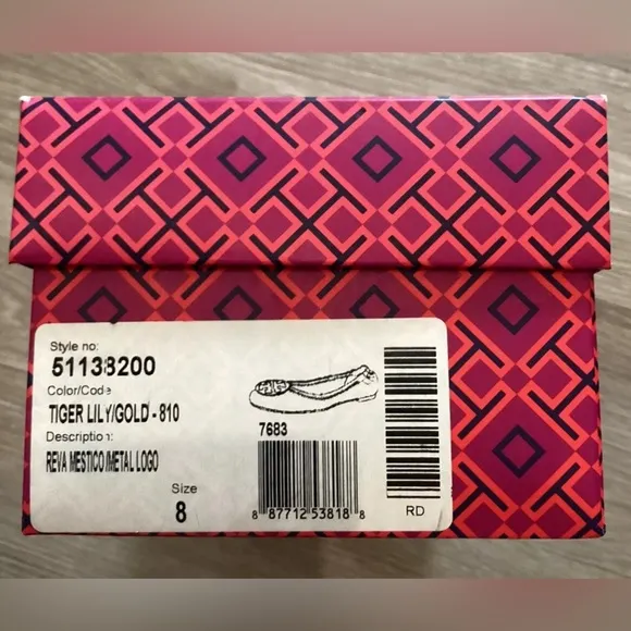 Tory Burch Reva Mestico Leather Ballet Flats In Tiger Lily/Gold Logo– Size 8