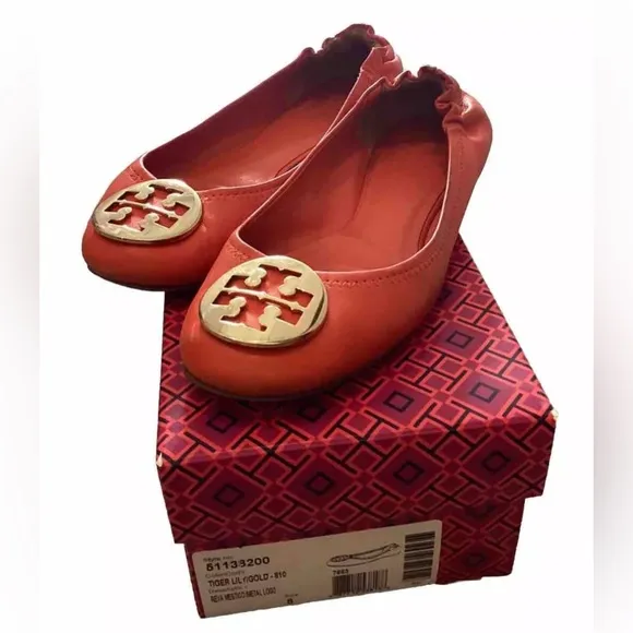Tory Burch Reva Mestico Leather Ballet Flats In Tiger Lily/Gold Logo– Size 8