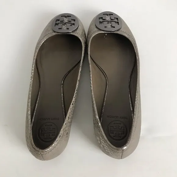 Tory Burch Reva Pewter Snake Silver Emblem Logo Leather Ballet Flats Womens Sz 8