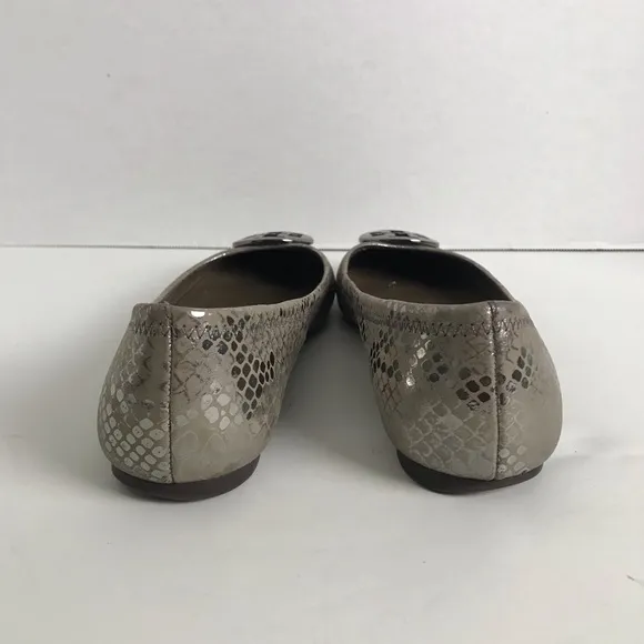 Tory Burch Reva Pewter Snake Silver Emblem Logo Leather Ballet Flats Womens Sz 8