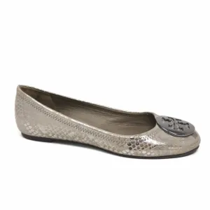 Tory Burch Reva Pewter Snake Silver Emblem Logo Leather Ballet Flats Womens Sz 8