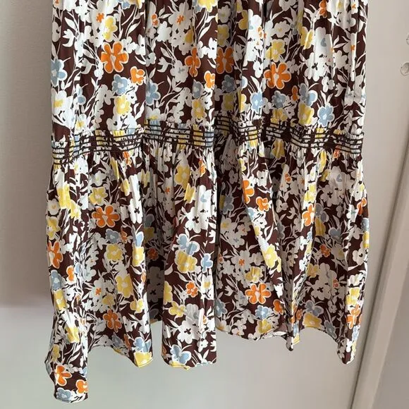 Tory Burch Reverie Smocked Shoulder Tie Brown Floral Print Summer Maxi Dress L