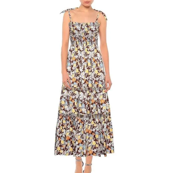 Tory Burch Reverie Smocked Shoulder Tie Brown Floral Print Summer Maxi Dress L