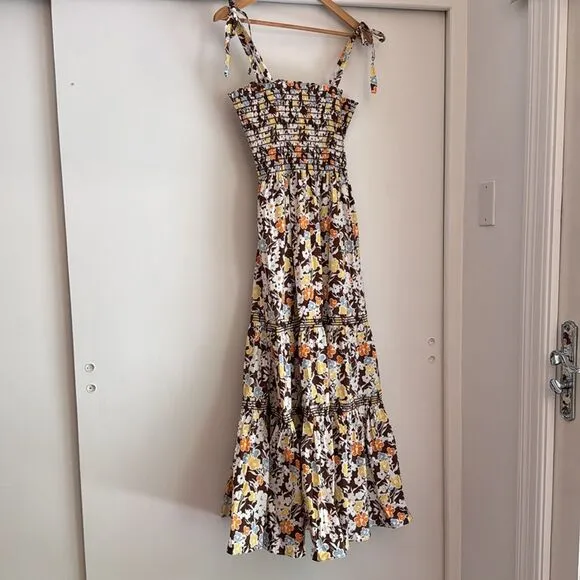 Tory Burch Reverie Smocked Shoulder Tie Brown Floral Print Summer Maxi Dress L