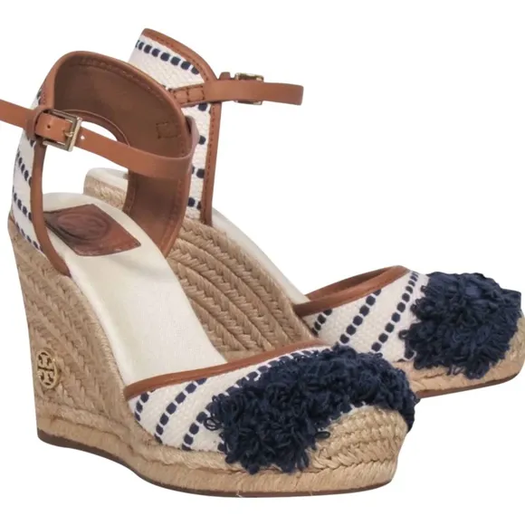 Tory Burch - Shaw Wedge Espadrille | Woven Wedge | Ivory &amp; Navy | Size 6.5