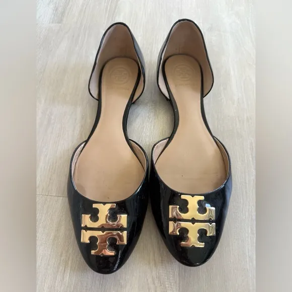 Tory Burch Shiny Leather Black D'orsay Flats Size 6.5