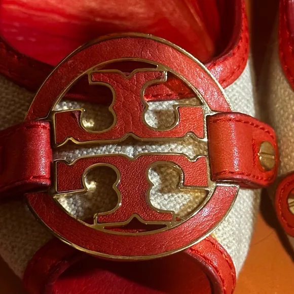 TORY BURCH Size 10 M Amanda Peep Toe Red / Orange and Beige Wedge Heels