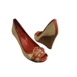 TORY BURCH Size 10 M Amanda Peep Toe Red / Orange and Beige Wedge Heels
