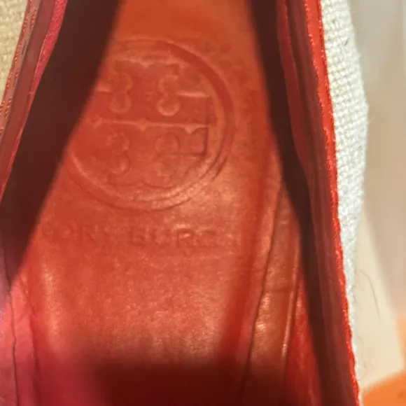 TORY BURCH Size 10 M Amanda Peep Toe Red / Orange and Beige Wedge Heels