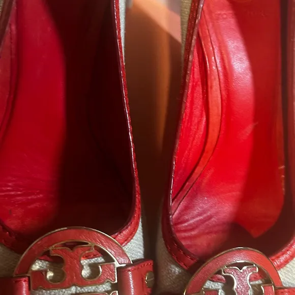 TORY BURCH Size 10 M Amanda Peep Toe Red / Orange and Beige Wedge Heels
