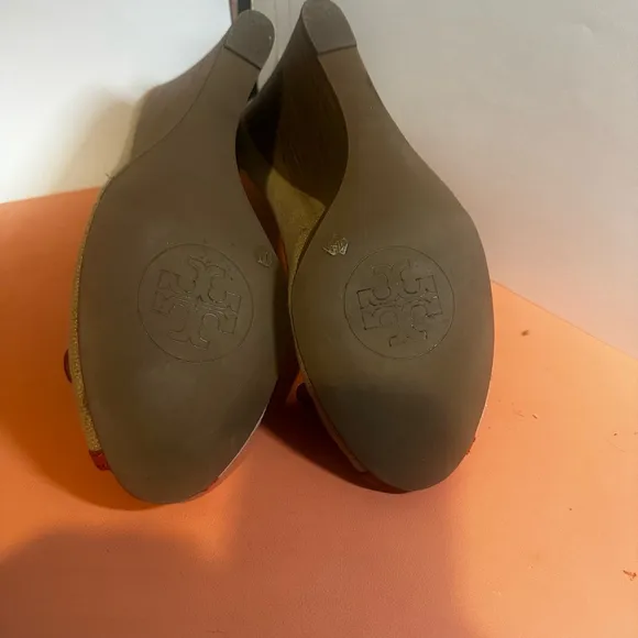 TORY BURCH Size 10 M Amanda Peep Toe Red / Orange and Beige Wedge Heels