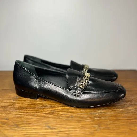 Tory Burch Size 10.5 • 'Gemini Link' Chain Loafer Black Leather Flats.