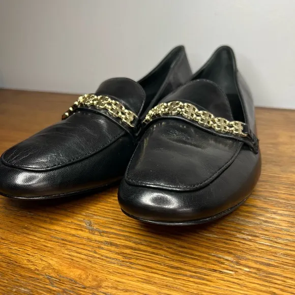 Tory Burch Size 10.5 • 'Gemini Link' Chain Loafer Black Leather Flats.