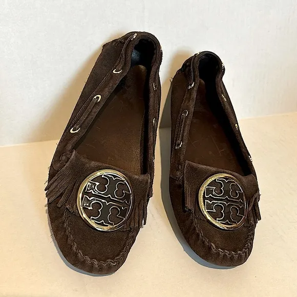 Tory Burch Size 8.5 Brown Slip On Fringe Logo Suede Boho Loafers Moccasins
