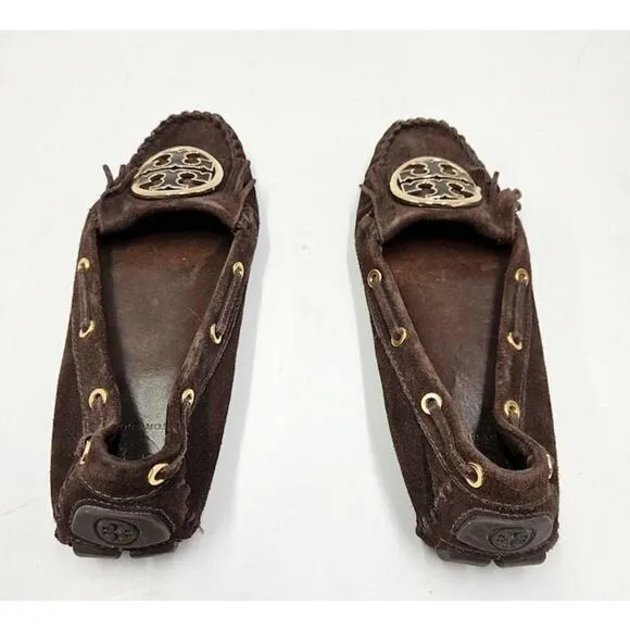 Tory Burch Size 8.5 Brown Slip On Fringe Logo Suede Boho Loafers Moccasins