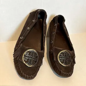 Tory Burch Size 8.5 Brown Slip On Fringe Logo Suede Boho Loafers Moccasins