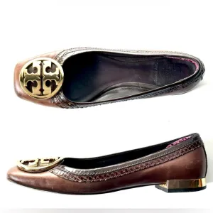 Tory Burch Snakeskin and Leather Flats, Oversized Gold Logo, size 7.5