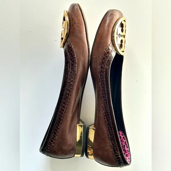 Tory Burch Snakeskin and Leather Flats, Oversized Gold Logo, size 7.5