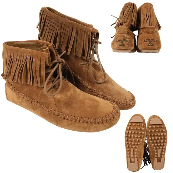 Tory Burch Sonoma Bootie Fringe Suede Brown Women's 5.5 Ankle Moccasins Boots