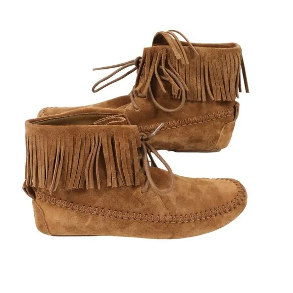 Tory Burch Sonoma Bootie Fringe Suede Brown Women's 5.5 Ankle Moccasins Boots