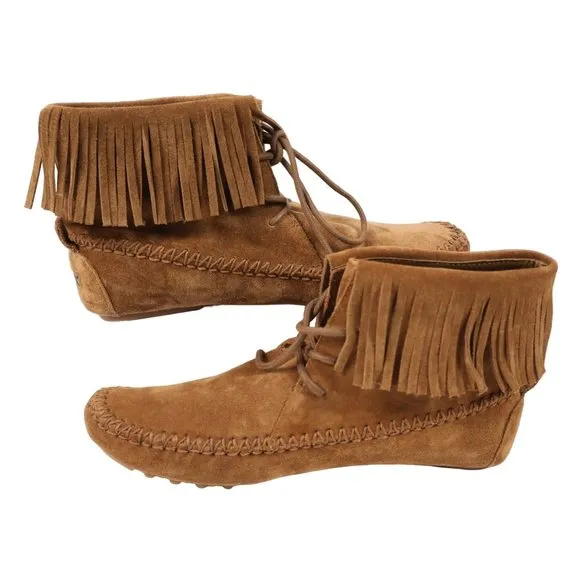 Tory Burch Sonoma Bootie Fringe Suede Brown Women's 5.5 Ankle Moccasins Boots