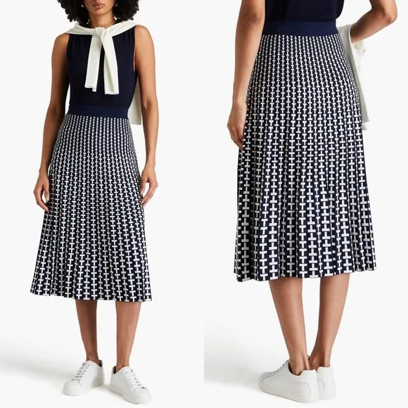 Tory Burch Sport Pleated Jacquard Tech Knit Midi Skirt Size XS NWT Navy