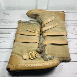 Tory Burch Suede Rabbit Fur Boots Brown Tan Mid-Calf Moccasins Womens 9 Jaden