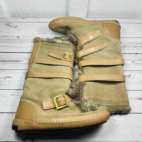 Tory Burch Suede Rabbit Fur Boots Brown Tan Mid-Calf Moccasins Womens 9 Jaden