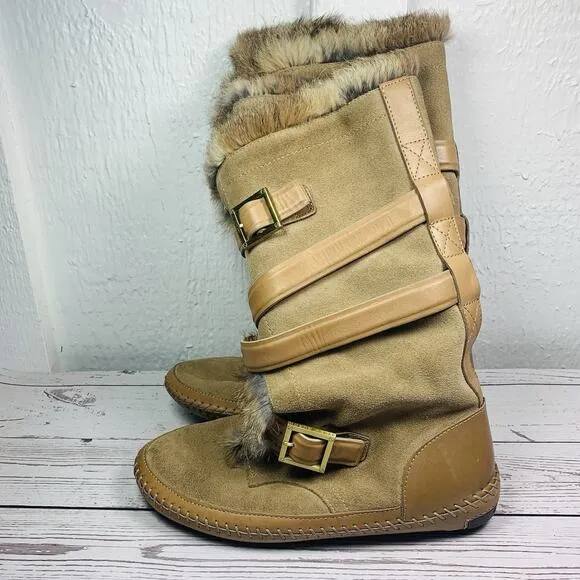 Tory Burch Suede Rabbit Fur Boots Brown Tan Mid-Calf Moccasins Womens 9 Jaden