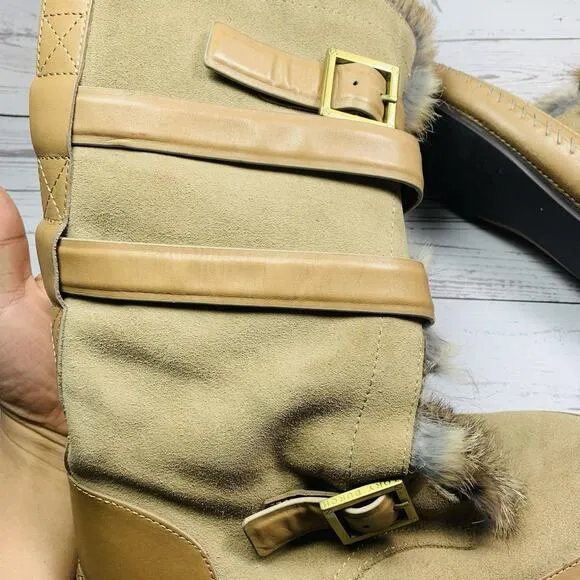 Tory Burch Suede Rabbit Fur Boots Brown Tan Mid-Calf Moccasins Womens 9 Jaden